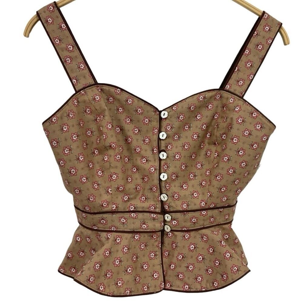 NWOT Vintage Floral Small Peplum Top Cotton Calico Sweetheart Corset Fawn Mauve